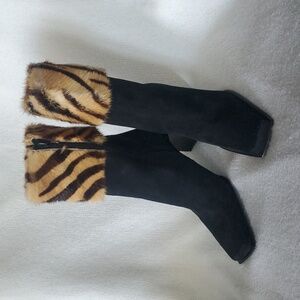 Stuart Weitzman Black Suede Boot With Calf Hair Trim